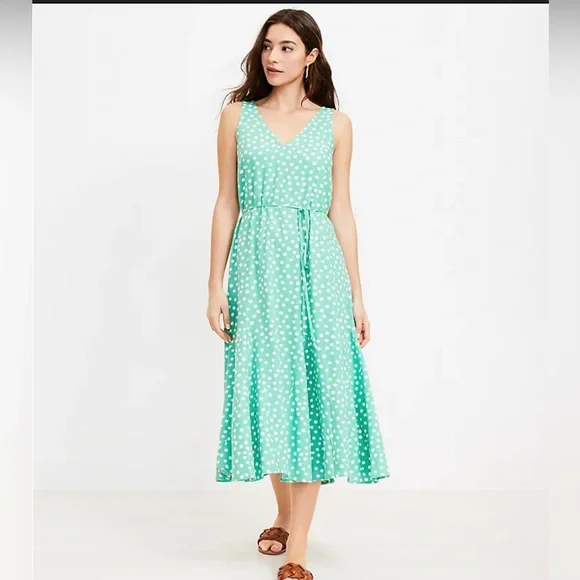 Loft - Dotted Godet Double V Rayon & Linen Blend Midi Dress/ Size Small